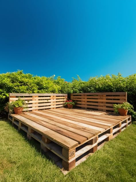 Diy Deck Backyard, Interlocking Deck Tiles Patio Ideas, Deck Using Pallets, Deck Diy Ideas, Cheap Backyard Makeover Diy, Diy Outdoor Deck, Pallet Fence Ideas, Diy Pallet Patio, Patio Deck Ideas