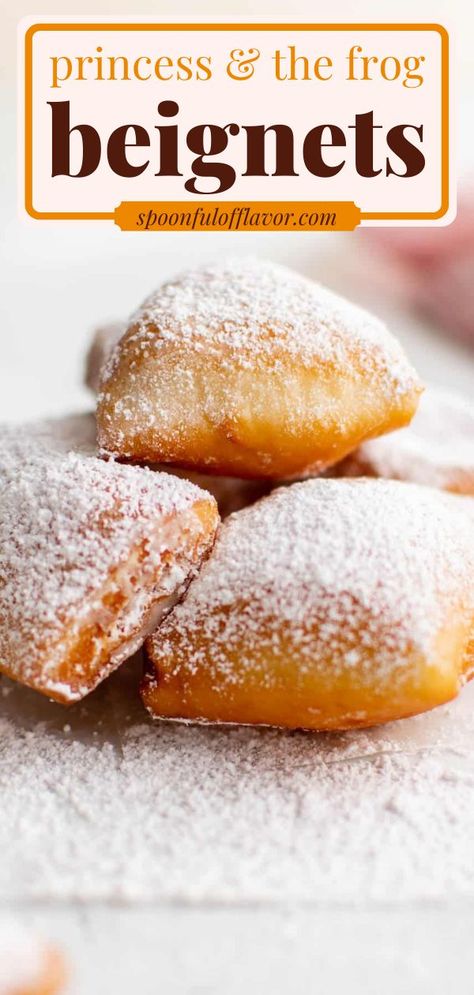 Feel like a Disney princess with these classic Princess and the Frog Beignets! This yummy dessert is soft, pillowy, and dusted with sweet powdered sugar. Pin these easy to make sweet treats from scratch! Tiana's New Orleans Beignets Recipe, How To Make Tiana’s Beignets, Tiana’s Beignets Recipe, How To Make Princess And The Frog Beignets, How To Make Beniegts From Princess And The Frog, Beignet Recipe Disney, Pastry Baking Recipes, Bengiets Recipe, Baked Beniegts Recipe