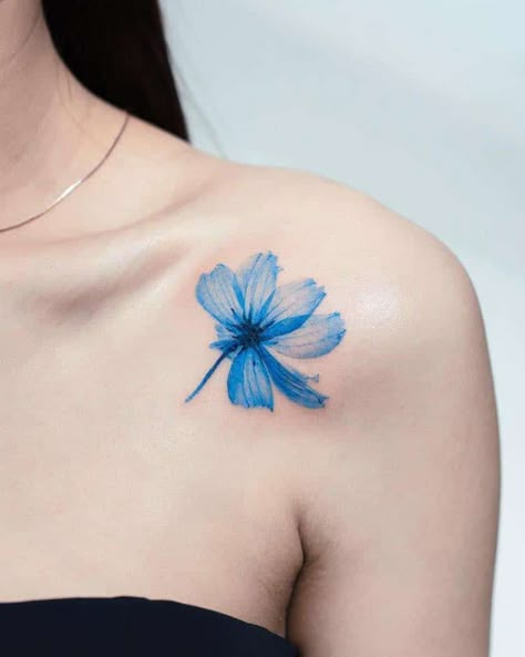 South Korean Tattoo, Uv Ink Tattoos, Blue Flower Tattoos, Blue Ink Tattoos, Korean Tattoo, Purple Tattoos, Korean Tattoo Artist, Tattoo World, Nouveau Tattoo