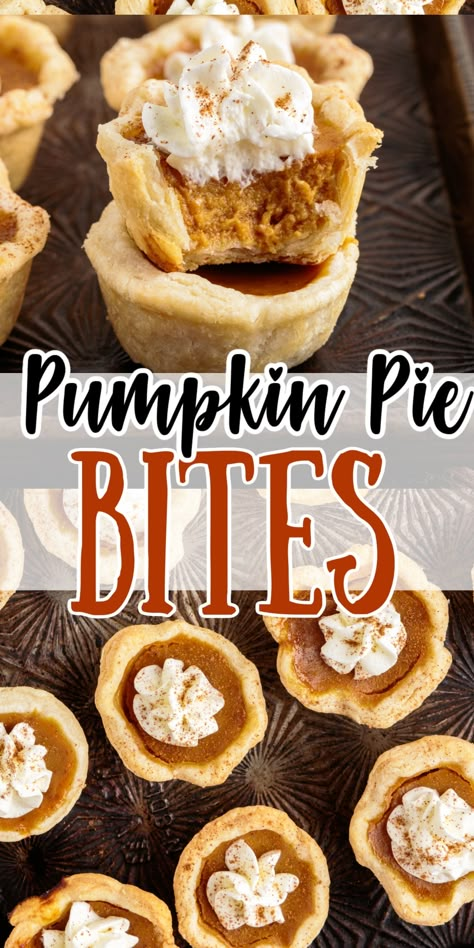 Thanksgiving Pie Bites, Bite Size Pumpkin Pie, Mini Pillsbury Pie Crust Recipes, Pumpkin Pie Flavored Desserts, Pumpkin Pie Ideas Thanksgiving Desserts, Pumpkin Pie Bites From Pie, Mini Pumpkin Pie Cookies, Mini Pumpkin Bites, Pie Bites Recipes