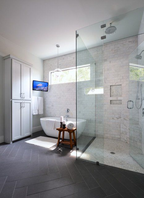 18 Divine Contemporary Bathroom Designs With Freestanding Bathroom That Will Admire You Dark Floor Bathroom, Transitional Bathroom Design, Makeover Kamar Mandi, Bathroom Tv, Tv In Bathroom, Dark Bathrooms, Marble Showers, Large Bathroom, Contemporary Bathroom Designs