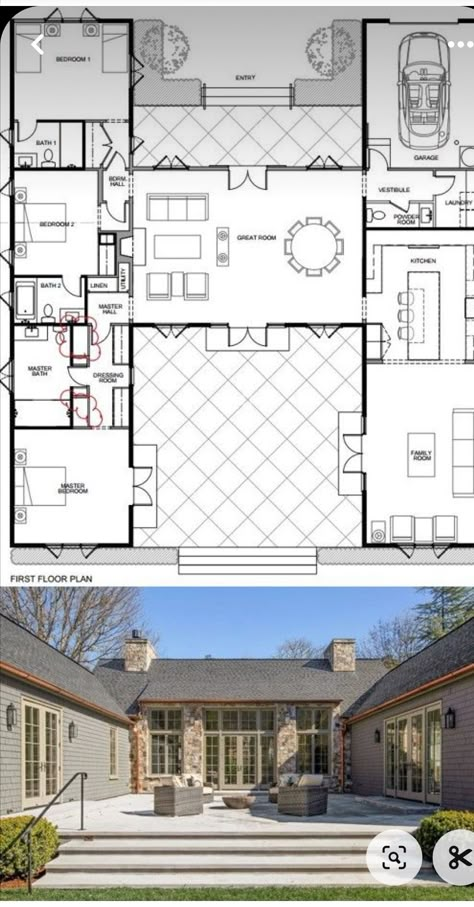 Big One Floor House Plans, Homes With A Courtyard, H Style House Plans, Floor Plans U Shaped, H Shaped House Plans Layout, Big House Layout, H Shaped House Plans, Suite Rooms, Halo 2