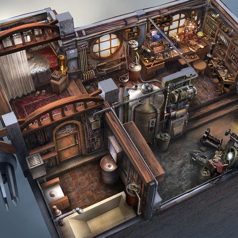 Steam Punk Interior Design, Steam Punk Architecture, Conseptioal Art, Steampunk Room Aesthetic, Living Room Concept Art, Steam Punk House, Steampunk House Concept Art, Steampunk Hospital, Steampunk Industrial Concept Art