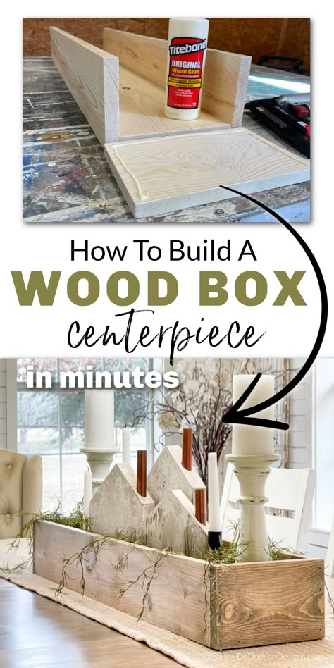 Building this DIY wood box out of scrap wood took me minutes. I'm using it as a centerpiece on my dining room table. Simple home decor in minutes! Learn how to make one for your home on my blog. Wood Diy Home Decor, Old Scrap Wood Projects, Wood Box Centerpiece Ideas, Easy Wood Gifts Diy, Diy Farmhouse Centerpiece For Table, Wood Farmhouse Decor, Pressure Treated Wood Projects, 1x4 Wood Projects Diy, How To Make A Wood Box Easy Diy