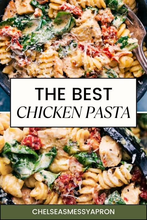 This is our all-time favorite Chicken Pasta-- starting with creamy Italian-seasoned rotini pasta that is tossed with tasty bites of chicken, succulent sun-dried tomatoes, and tender spinach. #dinner #best #quick #easy #simple #spinach #tomatoes #rotini #chicken #pasta Chicken Spinach Pasta Salad, Chicken Pasta Spinach Sun Dried Tomatoes, Cajun Chicken Pasta Sun Dried Tomatoes, Rotini Crockpot Recipes, Chicken Bacon Pesto Pasta, Chicken And Fusilli Pasta, Chicken And Sun Dried Tomatoes Pasta, Rotini Recipes Easy, Chicken Rosa Pasta