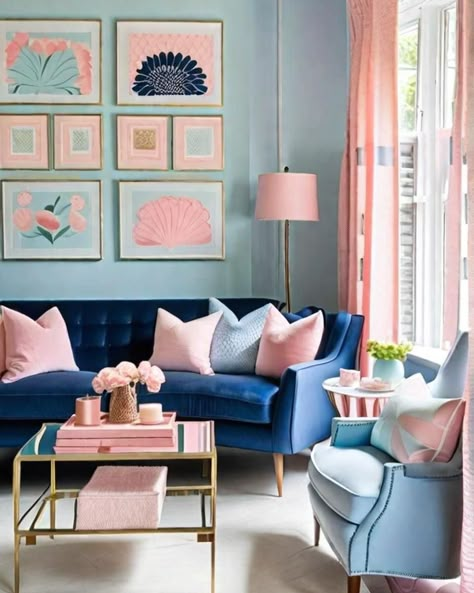 Blue color schemes from bold to understated, will inspire you how to incorporate color in classic & unexpected ways! • Blue & Orange • Blue & Pink • Navy Blue & Cream • Light Blue & White *Stock photos* #interiordesign #colorscheme #blues #experiencebellepatri Navy House Interior Color Schemes, Blue Scheme Living Room, Pink And Blue Lounge, Colors That Go Good With Navy Blue, Pink And Blue House Decor, Pink And Blue Interior, Light Teal Couch, Navy Blue And Pink Living Room, Navy Pink Living Room