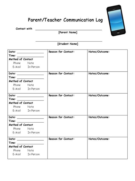 This parent-teacher communication log tracks contacts between a teacher and parent regarding a student over multiple dates. For each contact, it records the date, time, method of communication (phone, note, email, in person), the reason for contact, and any notes or outcomes. The log allows the teacher and parent to document their ongoing communication about the student's progress and needs. Teacher Parent Communication Ideas, Parent Teacher Documentation Form, Parent Communication Board, Teacher Communication Log, Parent Contact Log, Teacher Documentation, Teacher Communication, Parent Teacher Meeting, Parent Teacher Communication