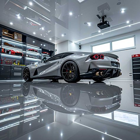 Stylish Garage, Stylish Garage Interior, Luxury Home Garage Design, Epoxy Flooring Garage, Rich Garage, Detailing Studio Design, Garage Epoxy Floor, Fancy Garage, Epoxy Garage Floor Ideas