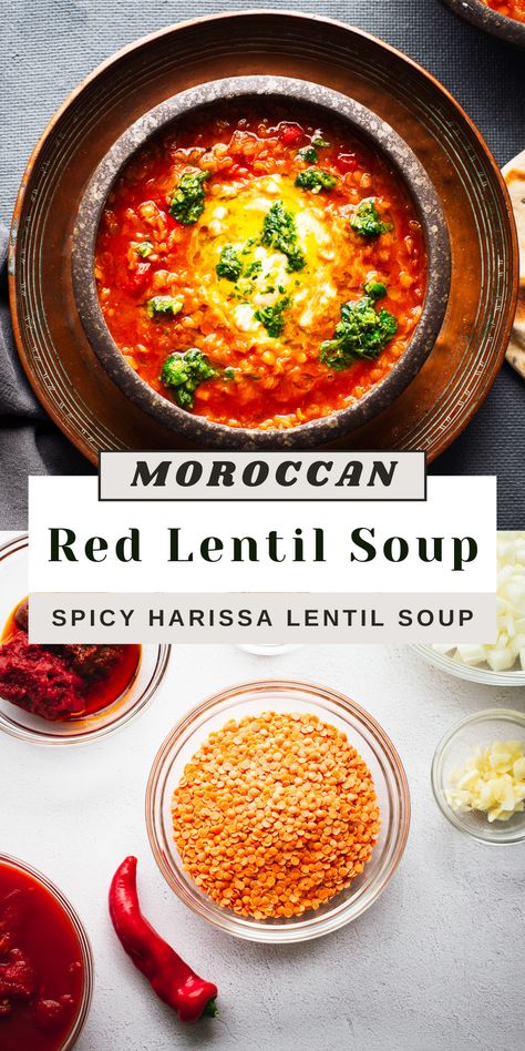 Warm up with this delicious and easy to make spicy Moroccan lentil soup! Packed with plant protein and Moroccan-inspired flavour from aromatic spices, harissa, and tangy lemon, this soup is a vegan and vegetable-packed lentil soup. Perfect for a chilly evening, this Moroccan lentil soup is a simple, healthy and hearty meal. Whip up this flavourful soup recipe for a satisfying and nourishing meal tonight! Egyptian Lentil Soup, Arabic Lentil Soup Recipe, Spicy Lentils, Chinese Egg Drop Soup, Soup With Cilantro, Middle Eastern Lentil Soup, Gochujang Paste, Moroccan Lentil Soup, Moroccan Lentil