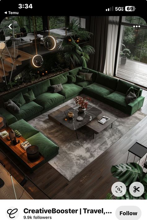 Rooms With Emerald Green Sofa, Dark Green Black And White Living Room, Dark Green Gold Living Room, Emerald Green Home Decor Living Rooms, Hunter Green Apartment Decor, Green House Living Room, Black Green Home Decor, Bottle Green Sofa Living Room Ideas, Green Lounge Room Ideas