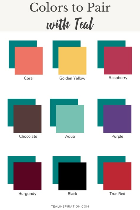 Colors to Pair with Teal Colors That Go With Teal Clothes, Colors That Go With Turquoise Outfits, Two Colors Combinations, Teal Shoes Outfit Color Combinations, Pairing Colors, Teal Color Kitchen, Wearing Color Combination, How To Pair Teal, Teal Combination Outfit