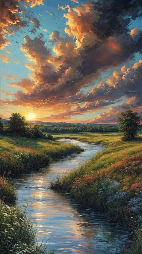 Gavril Poclitar Cloudy Landscape Painting, Sunset Painting Wallpaper, Peaceful Places Nature, Country Side Painting, Cloudy Landscape, Arte Ganesha, Natural Wallpapers, Sunset Landscape Photography, Sunrise Painting