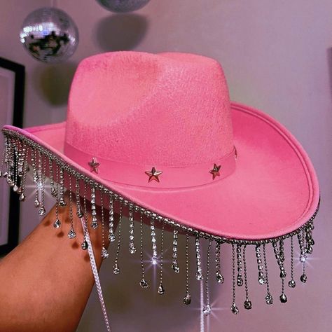 Disco babes pink cowboy hat with diamond trim. - Depop Karol G Cowboy Hat, Pink Space Cowgirl Hat, Diy Pink Cowboy Hat, Cowgirl Pink Hat, Taylor Cowboy Hat, Cowboy Party Hat, Sparkly Cowboy Outfit, Pink Sparkly Cowboy Hat, Glittery Cowboy Hat