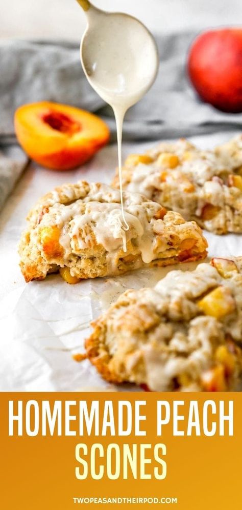 Peach Scones- fluffy, buttery scones dotted with fresh peaches and finished with a sweet honey vanilla glaze. These homemade scones are going to become your new favorite breakfast treat. Baking Recipes Peaches, Peach Cobbler Scones, Nectarine Scones Recipe, Fresh Peach Scones Recipe, Peach Scones Recipe Homemade, Fresh Peach Scones, Sourdough Discard Peach Scones, Peach Pie Scones, Fresh Peach Recipes Breakfast