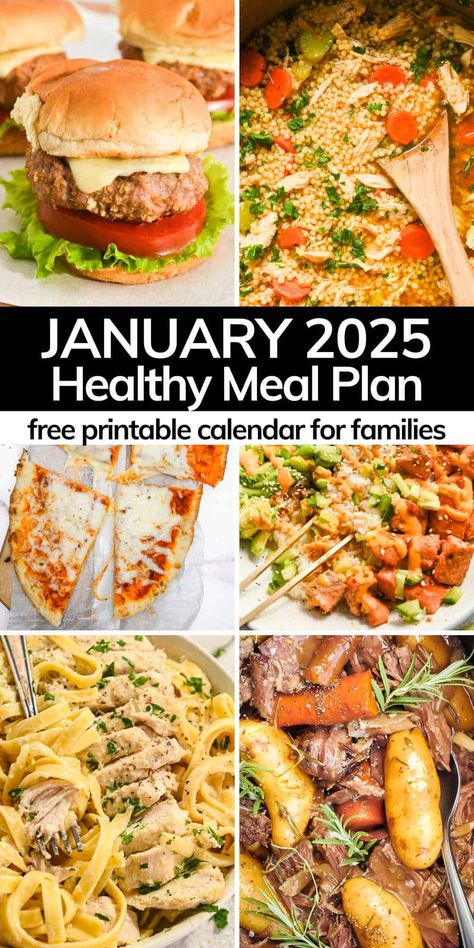 Get your free printable January meal plan calendar to create a month's worth of easy family dinners. Kid-friendly, delicious meals your family will love! Monthly Meal Planning Healthy, Meal Planning For The Week Family, Monthly Meal Menu Ideas, One Week Dinner Meal Plan, Family Of 5 Meal Planning, Family Meal Planning Monthly Menu Ideas, Weekly Budget Meal Plan Families, How To Meal Plan For The Week Families, School Week Meal Plan