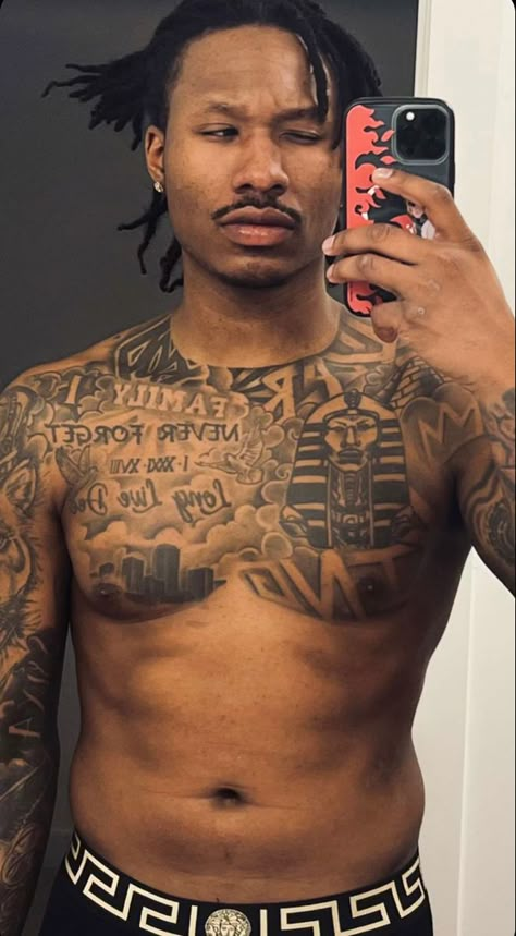 Black Male Chest Tattoos, Duke Dennis Tattoo, African American Tattoos Men, Chest Piece Tattoos Mens Black, Male Tattoos Sleeves, Chest Shoulder Tattoo Men, Chest Tattoo Black Men, Black Men Chest Tattoos, Black People Tattoos Men