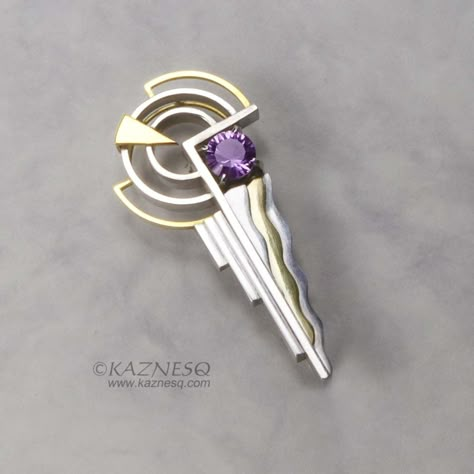 "Please tell me your phone number. The international shipping couriers require it. This fantastic Art Deco style brooch is made of 18K gold and silver 950. The amethyst is 0.73ct, round concave cut. The design motif is \"Wave\". I expressed wave's plan and side view in one direction as Cubism artists do. Size : 44mm x 20mm x 10mm Please look at the 4th photo. Weight: 8.2g *The last photo is a Photoshopped simulation image. * Please do not forget to tell me your phone number. Custom Office or Pos Arte Art Deco, Art Deco Jewellery Design, Bijoux Art Deco, Art Deco Jewelry Vintage, Bijoux Art Nouveau, Motif Art Deco, Silver Jewellery Online, Silver Jewelry Design, Estilo Art Deco