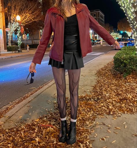 Flame Tights Outfit, Leather Outfit Inspiration, Leather Jacket Fall Aesthetic, Red Dress And Jacket Outfit, Autumn Outfits Red Leather Jacket, Petite Leather Jacket Outfit, Red Outfit Concert Ideas, Flame Outfit Aesthetic, Fall Rockstar Outfit