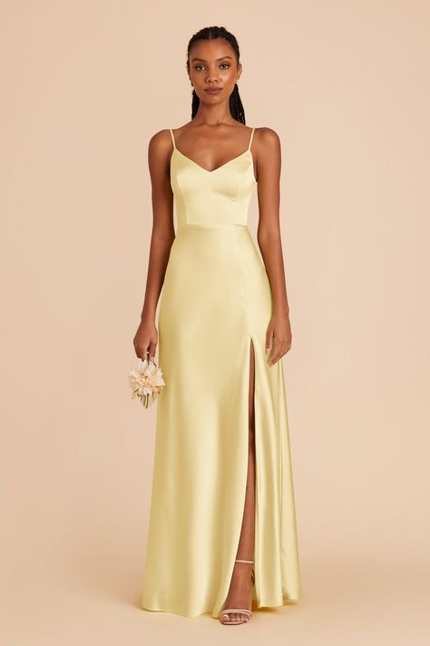 Jay Matte Satin Bridesmaid Dress in Butterscotch | Birdy Grey Pale Yellow Bridesmaid Dresses, Yellow Satin Dress, Lemon Sorbet, Grey Bridesmaids, Yellow Bridesmaid Dresses, Prom Dresses Yellow, Birdy Grey, Yellow Bridesmaids, Grey Bridesmaid Dresses