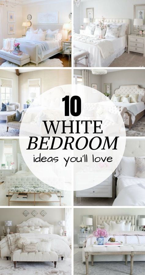 White Bedroom Ideas | Home Design & Lifestyle | Jennifer Maune White Bedding Decor Ideas, Style White Bedding, White Bedroom Suite Ideas, White Bedroom Comforter Ideas, Bedroom Ideas In White, White Comforters Cozy Bedroom, White Fabric Headboard Bedroom, Beautiful White Bedrooms, Feminine White Bedroom