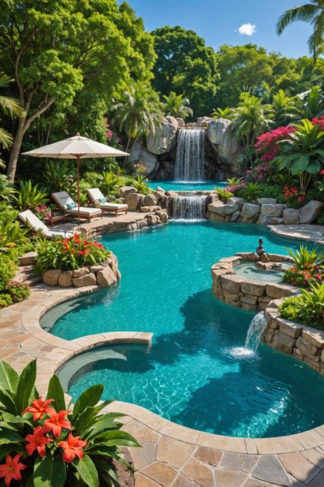 20 Around Pool Tropical Garden Design Ideas - Toolz Geek Natural Style Swimming Pool, Garden Design With Swimming Pool, Insane Pools Luxury, Lush Pool Landscaping, Cool Pool Designs, Back Garden With Pool, Tropical Pool Landscaping Ideas, Tropical Landscaping Around Pool, Beach Pools Backyard