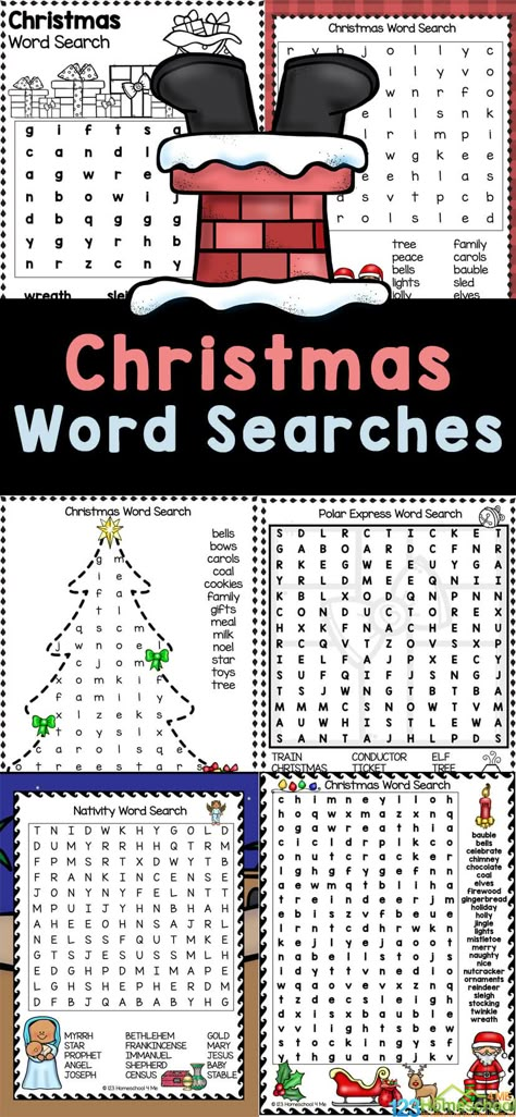 These Christmas Word Searches are fun, engaging activity for kids during December. These christmas word search printable pages have varying degrees of difficulty making these holiday word search fun for children in preschool, pre-k, kindergarten, first grade, 2nd grade, 3rd grade, 4th grade, and 5th graders too. Simply print the free printable christmas word search for kids to play and learn while finding words to do with December 25th like wreath, tree, bow, sleigh, Santa, gifts, cookies, ... Christmas Word Search For Kids, December Worksheets, Printable Christmas Word Search, Third Grade Christmas, Word Searches For Kids, Christmas Literacy Activities, Christmas Word Search Printable, Holiday Word Search, Christmas Printable Activities