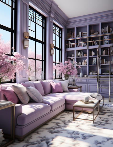 Lavender Couch Living Room, Lilac Living Room Ideas, Purple House Interior Ideas, Lavender Living Rooms, Purple Library, Purple Apartment, Lavender Office, Lilac Living Room, Lavender Living Room