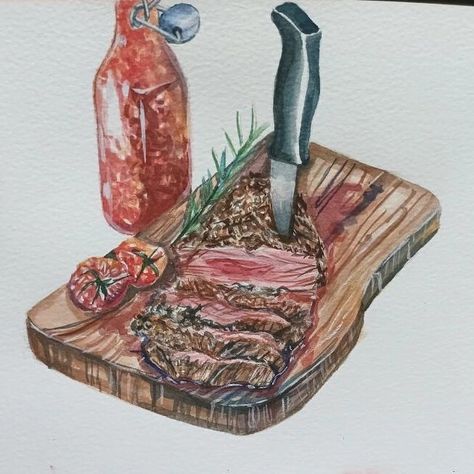 Watercolor steak , on ArtStation at https://www.artstation.com/artwork/8wB9Vm Steak Painting, Design Writing, Salisbury Steak, Grilled Steak, Art Animation, Food Drawing, Animation Design, Menu Design, Character Creation