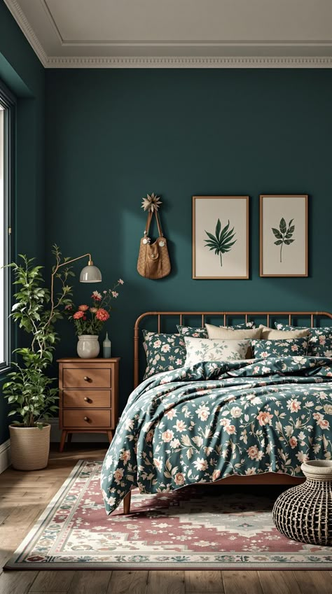 Dark Teal Bedroom Chocolate And Teal Bedroom Ideas, Dark Blue Half Wall Bedroom, Teal Navy Bedroom, Dark Teal And Terracotta Bedroom, Dark Teal Bedroom Ideas Accent Wall, Dark Emerald Green Aesthetic Bedroom, Dark Blue And Green Bedroom Ideas, Muted Teal Bedroom, Jewel Tone Bedrooms