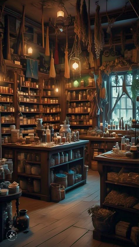 Fantasy Apothecary Shop, Fantasy Shop Interior, Curiosity Shop Aesthetic, Witch Apothecary Aesthetic, Wiccan Apothecary, Modern Apothecary Aesthetic, Fantasy Apothecary, Magical Apothecary, Witch Village