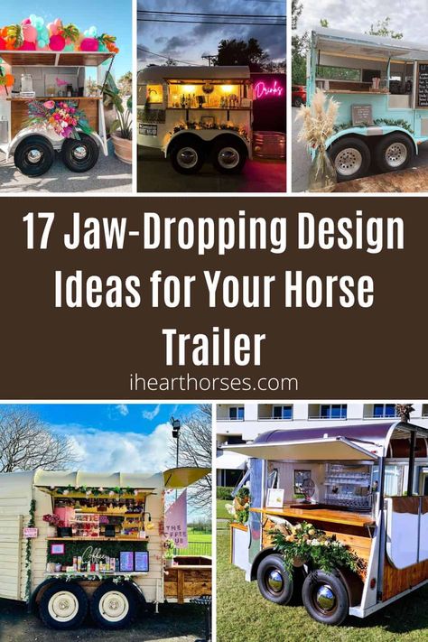 17 Jaw-Dropping Design Ideas for Your Horse Trailer pinterest image. Single Horse Trailer Bar, Refurbished Horse Trailer Bar, Horse Trailer Hot Cocoa Bar, Horse Trailer Repurposed, Old Horse Trailer Ideas, Repurpose Horse Trailer, Convert Horse Trailer To Food Trailer, Horse Trailer Into Bar, Horse Trailer Food Cart