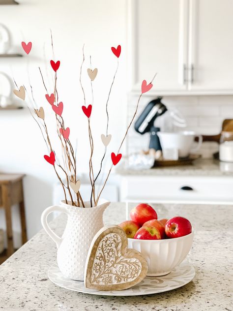 Simple DIY valentines day decor Organic Valentines Decor, Diy Valentines Garland Simple, February Decorations Diy, Valentines Day Decorations Simple, Valentines Decor Mantle, Valentines Day Farmhouse Decor, Simple Valentines Decorations, Simple Valentines Centerpiece, Valentine Boho Decor