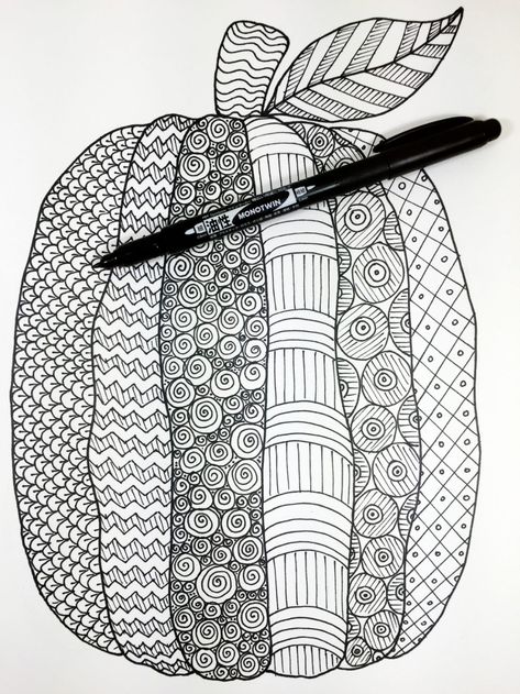 Hand-Drawn Pumpkin Free Printable to Color this Autumn - Creatively Beth How To Draw A Pumpkin Easy, Zen Tangle Pumpkins, Pumpkin Line Drawing, How To Draw A Pumpkin, Line Art Pumpkin, Zentangle Pumpkins Art, Zentangle Pumpkins How To Draw, Zentangle Pumpkin, Pumpkin Mandala Coloring Pages