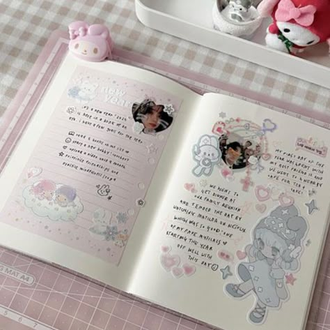 Study Book Ideas, Cute Diary Ideas Journals, Sanrio Journal Ideas, Journalling Ideas Aesthetic, Enhypen Jewelry, Cute Journal Ideas Aesthetic, Pink Journal Ideas, Kawaii Journal Ideas, Note Book Aesthetic