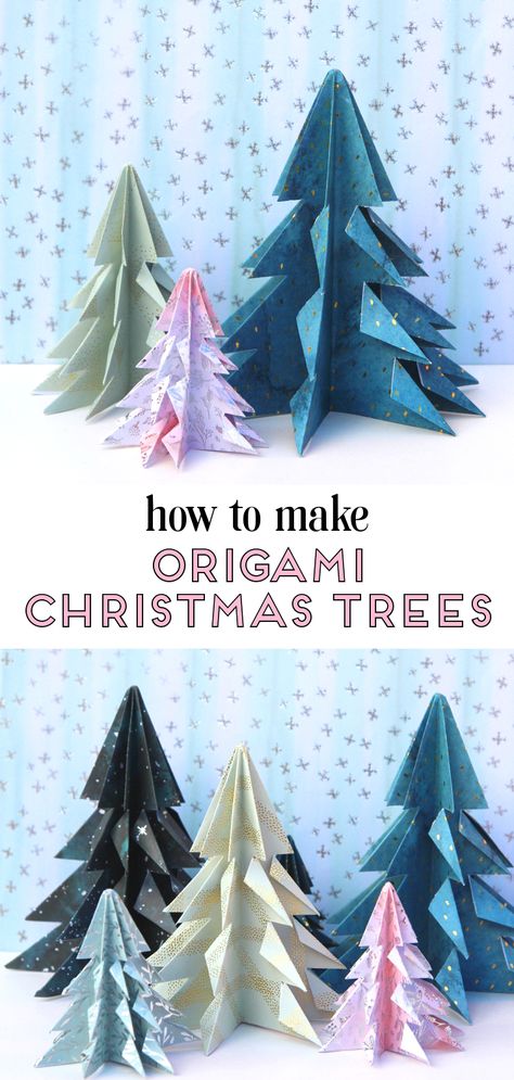 LEARN HOW TO MAKE EASY DIY ORIGAMI CHRISTMAS TREES DECORATIONS. A QUICK AND EASY LAST MINUTE HOLIDAY PROJECT THAT TAKES NO TIME AT ALL #origami #origamitree #origamichristmastree #christmas #papercrafts #craft #diy #holiday #holidaycrafts #gatheringbeauty Diy Origami Christmas Decorations, Christmas Papercraft Ideas, Construction Paper Crafts Christmas, Christmas Origami Decorations, Origami Christmas Trees, Easy Christmas Origami For Kids, Origami Christmas Garland, Xmas Origami Easy, Easy Christmas Origami