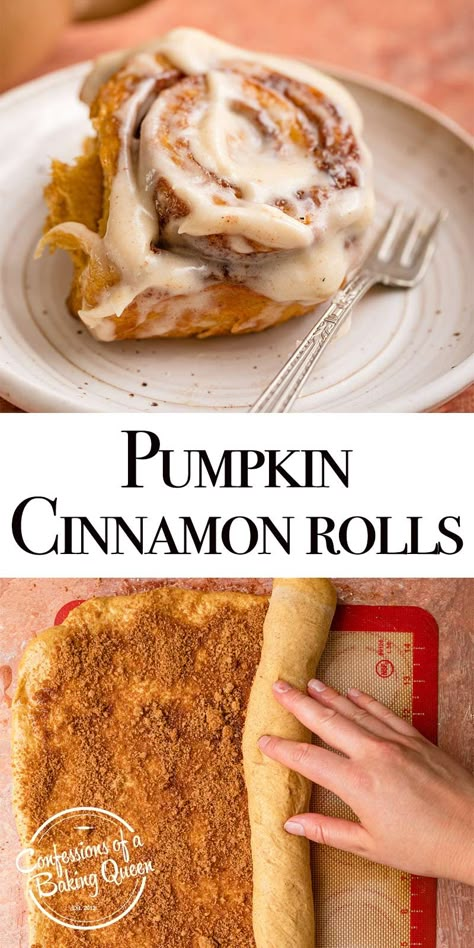 Pumpkins Cinnamon Rolls, Pumpkin Spice Baking Recipes, Pumpkin Cimmamon Rolls, Fall Breakfast Baked Goods, Pumpkin Cinnamon Roll Recipe, Pumpkin Filled Cinnamon Rolls, Fall Breakfast Desserts, Pumpkin Recipes From Real Pumpkin, Halloween Fall Recipes