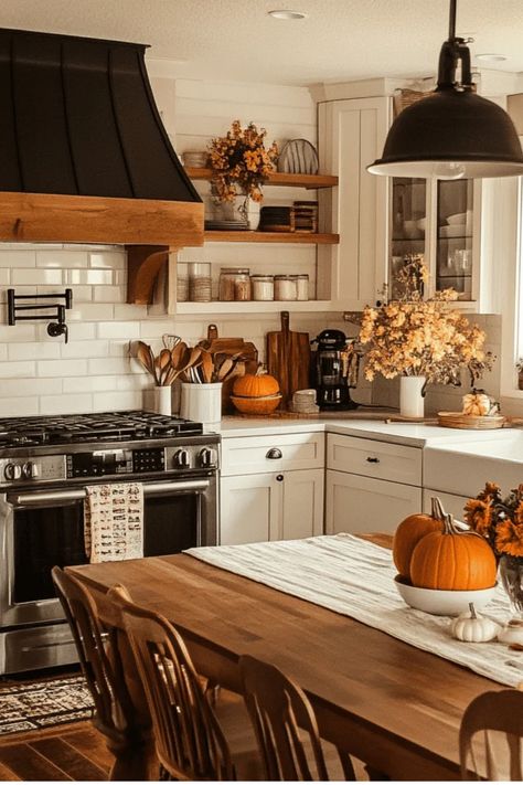 Transform your kitchen into a cozy autumn haven!  Discover 10+ easy fall decor ideas to warm up your culinary space. From rustic centerpieces to scented candles, get inspired now! Some of the links in my articles are affiliate links. If you make a qualified purchase from one of my links I will make a small commission at no cost to you. Thank you for your support!!! Fall Themed Kitchen, Autumnal Kitchen, Hygge Kitchen, Fall Kitchen Decor Ideas, Autumn House, Cozy Cottage Kitchen, Autumn Kitchen, Easy Fall Decor, Fall Kitchen Decor