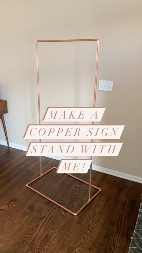 bespokebybritt on Instagram: Sharing how I made my copper sign stand! Super easy diy to incorporate into your wedding day! #copper #coppersignstand #coppersign… Copper Wedding Sign Stand Diy, Diy Sign Stand Display Ideas, Copper Pipe Wedding Sign, Diy Sign For Business, Diy Wedding Sign Holder, Diy Welcome Wedding Sign Entrance, Diy Hanging Sign Stand, Diy Wedding Stand, Pvc Sign Stand