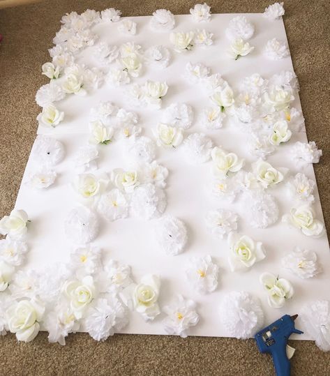 Diy Flower Wall For Bedroom, Flower Wall With Curtain, Fake Flower Backdrop Diy, Rose Backdrop Diy, How To Make A Flower Backdrop Wall, Artificial Flower Wall Decor Ideas, Making A Flower Wall, Bridal Tea Party Backdrop, Diy Fake Flower Wall