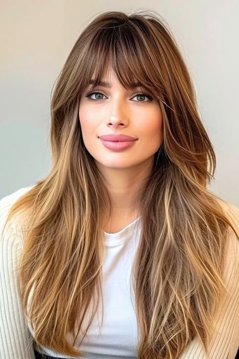 32 Gorgeous and Easy Long Hairstyles For Women - The Hairstyle Edit Long Hair Feathered Around Face, Straight Long Hair With Bangs, Long Feathered Hairstyles, Highlights With Bangs, Feathered Haircut, Best Hair Cut, Long Fringe Hairstyles, Uk Hairstyles, Feathered Bangs