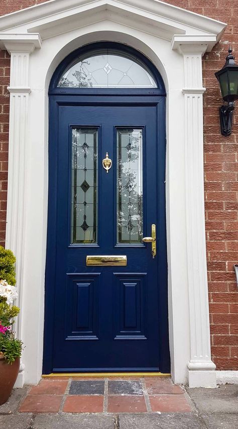 Blue Doors Front Entrance, Palladio Doors, Arched Front Door, Decorative Door Knobs, Paint Door, Kerb Appeal, Blue Front Door, Exterior Front Doors, Door Upgrade