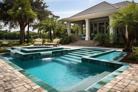 How to choose the best color for Pool waterline tile - Unique Design Blog Pool Waterline Tile, Travertine Pool Decking, Pool Tile Ideas, Pool Waterline, Waterline Pool Tile, Waterline Tile, Mediterranean Pool, Travertine Pool, Dark Tile