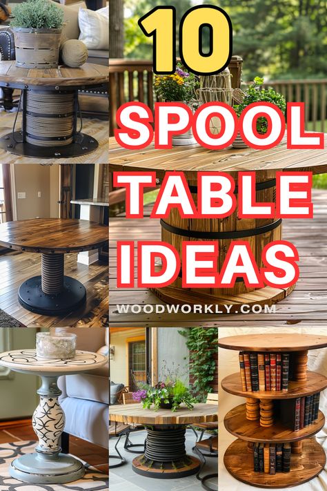 Explore creative spool table ideas and designs to add a unique touch to your home décor. Discover DIY inspirations and innovative ways to repurpose spools into functional furniture pieces. Dive into more on Woodworkly.com! #SpoolTable #DIYFurniture #HomeDecor #WoodworkingIdeas #HomeImprovement Read more on Woodworkly.com Giant Spool Table, Big Spool Table Ideas, Wooden Spool Decor Ideas, Wood Spool Table Ideas, Wood Cable Reel Ideas, Cable Spool Game Tables, Wood Spools Ideas, Wood Reel Ideas, Small Cable Spool Ideas Diy