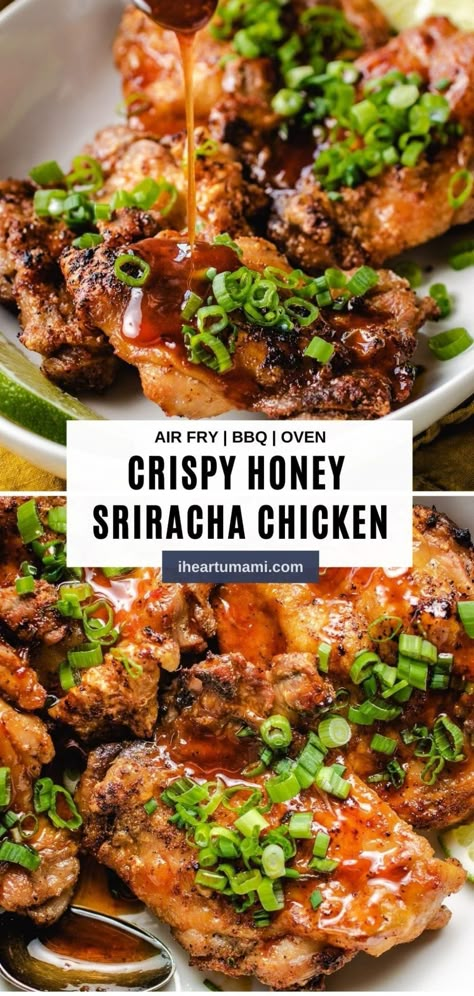 Honey Sriracha Chicken with super crispy skin and with keto or paleo honey sriracha sauce! Make it air fryer, oven, grill, or stovetop. This hot honey chicken recipe is so easy to make and crazy good! Hot Honey Chicken Recipe, Honey Siracha Chicken, Umami Recipes, Keto Honey, Chicken Air Fryer, Crispy Honey Chicken, Pegan Recipes, Honey Sriracha Sauce, Hot Honey Chicken