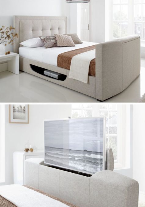 7 Ideas For Hiding A TV In A Bedroom // The TV at the end of this bed is hidden inside the actual bed and even has a built in spot for a DVR or Blu Ray player. Tv In A Bedroom, Hidden Tv Bedroom, Tv In Bedroom Ideas, Pop Up Tv Cabinet, Bedroom Concept, Hidden Tv, Guest Room Decor, Tv In Bedroom, Cabinet Bed