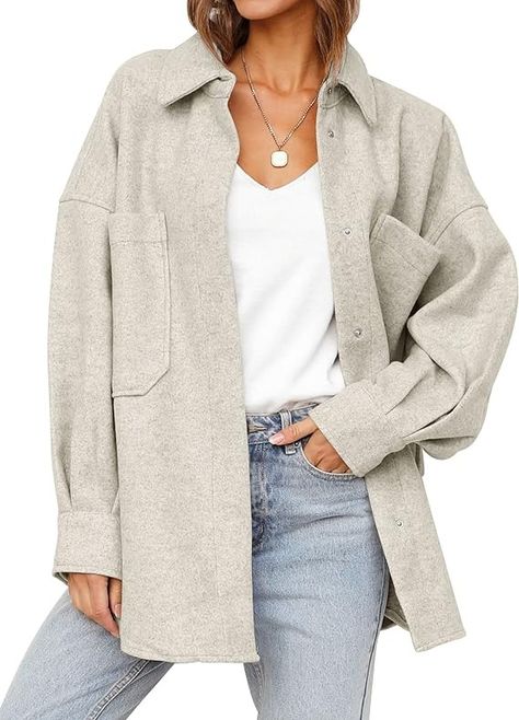 Amazon.com: MEROKEETY Womens 2024 Fall Long Sleeve Wool Shacket Jacket Lapel Button Down Coats Outwear with Pockets, Oatmeal, S : Clothing, Shoes & Jewelry Wool Shacket, Flannel Coat, Pockets Fashion, Vest Designs, Wool Blend Jacket, Oversized Long Sleeve, Wool Blend Coat, Woolen Coat, Fleece Coat