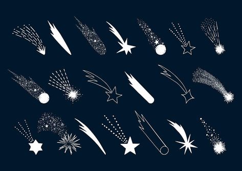 Set of hand drawn falling stars. Vector comet. Shooting lights. Isolated illustration. Doodle style. Drawing by Anatartan Meteor Tattoo Ideas, Shooting Star Embroidery, Comet Tattoo Ideas, Meteor Illustration, Meteor Tattoo, Comet Illustration, Comet Drawing, Shooting Star Illustration, Star Drawing Ideas