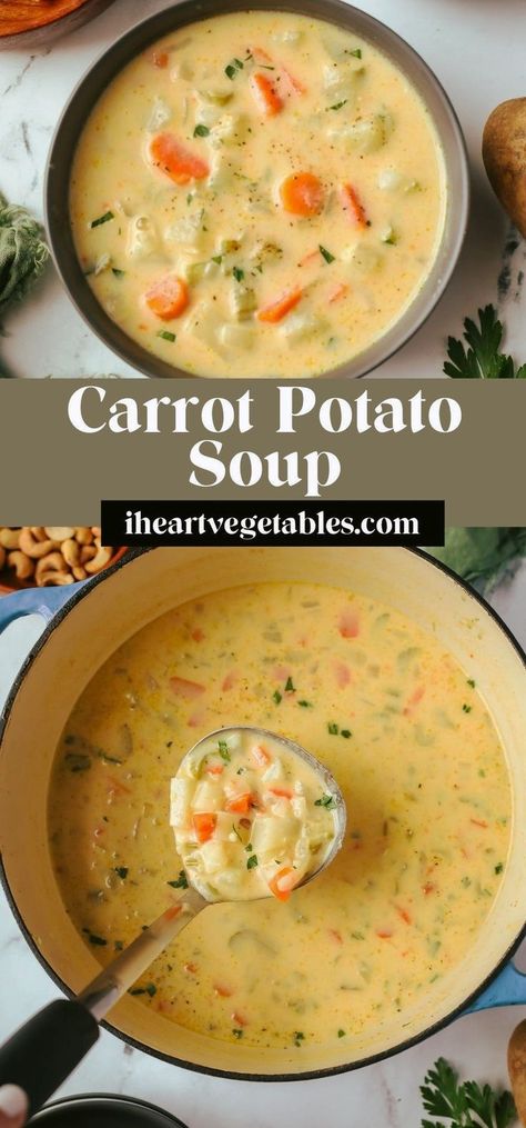 This creamy vegan carrot potato soup is incredibly delicious and surprisingly simple to make. Enjoy this veggie packed soup for a healthy twist on a classic comfort food recipe. Soup Recipes With Potatoes And Carrots, Vegan Potato Chowder, Vegan Soup Potato, Veggie Soup Vegan, Vegetarian Baked Potato Soup, New Veggie Recipes, Carrot Celery Potato Soup, Vegetable And Potato Soup, Veggie Chowder Soup