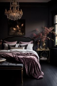 Gothic Decorating Ideas, Soft Goth Autumn Bedroom, Dark Fantasy Bedroom Ideas, Vintage Dark Bedroom Aesthetic, Gothic Chic Bedroom, Feminine Goth Bedroom, Bedroom Mood Lighting Ideas, Black Room Decor Bedroom Dark, Small Gothic Bedroom Ideas