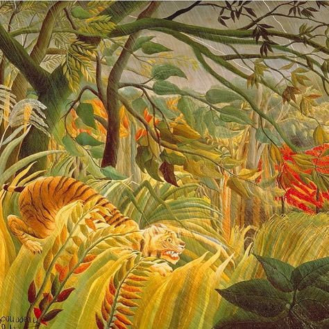 Saatchi Gallery on Instagram: “🐅 🐇 Celebrate Henri Rousseau and Albrecht Dürer’s birthdays with their animal art masterpieces, ‘Tiger in a Tropical Storm (Surprised!)’,…” #tropical #palm #art #rousseau #animals #master Rainforest Project, Art Mini Toile, Naïve Artist, Grandma Moses, Jungle Art, Art Invitation, Camille Pissarro, Tropical Storm, Henri Rousseau